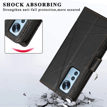 Xiaomi 12 PU Genuine Leather Texture Embossed Line Phone Case with Card Wallet, Kickstand & Wrist Strap