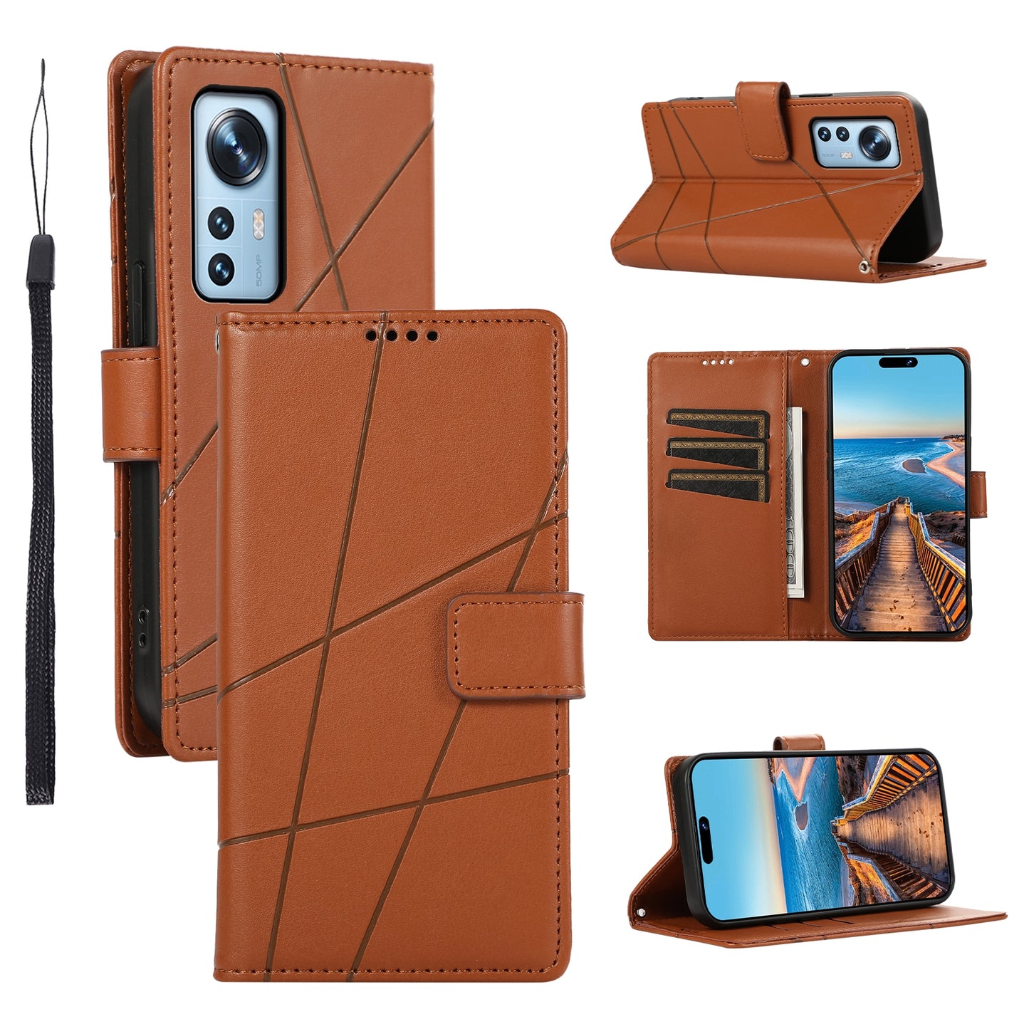 Xiaomi 12 PU Genuine Leather Texture Embossed Line Phone Case with Card Wallet, Kickstand & Wrist Strap