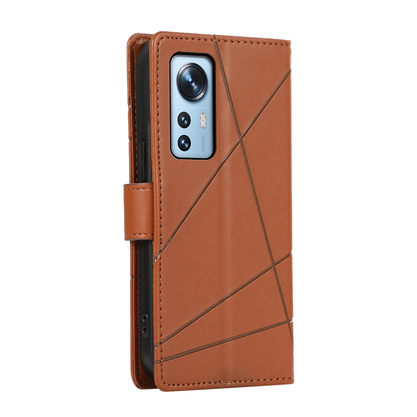 Xiaomi 12 PU Genuine Leather Texture Embossed Line Phone Case with Card Wallet, Kickstand & Wrist Strap