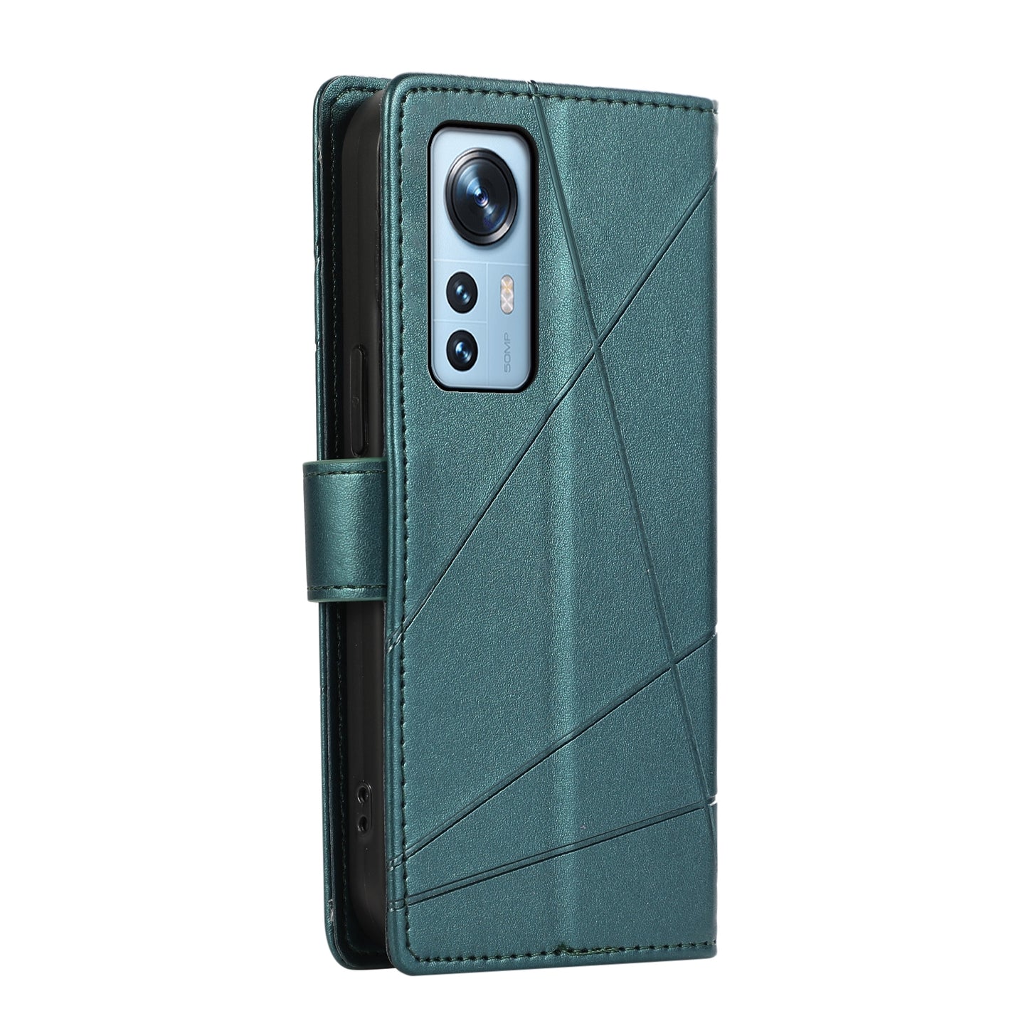 Xiaomi 12 PU Genuine Leather Texture Embossed Line Phone Case with Card Wallet, Kickstand & Wrist Strap