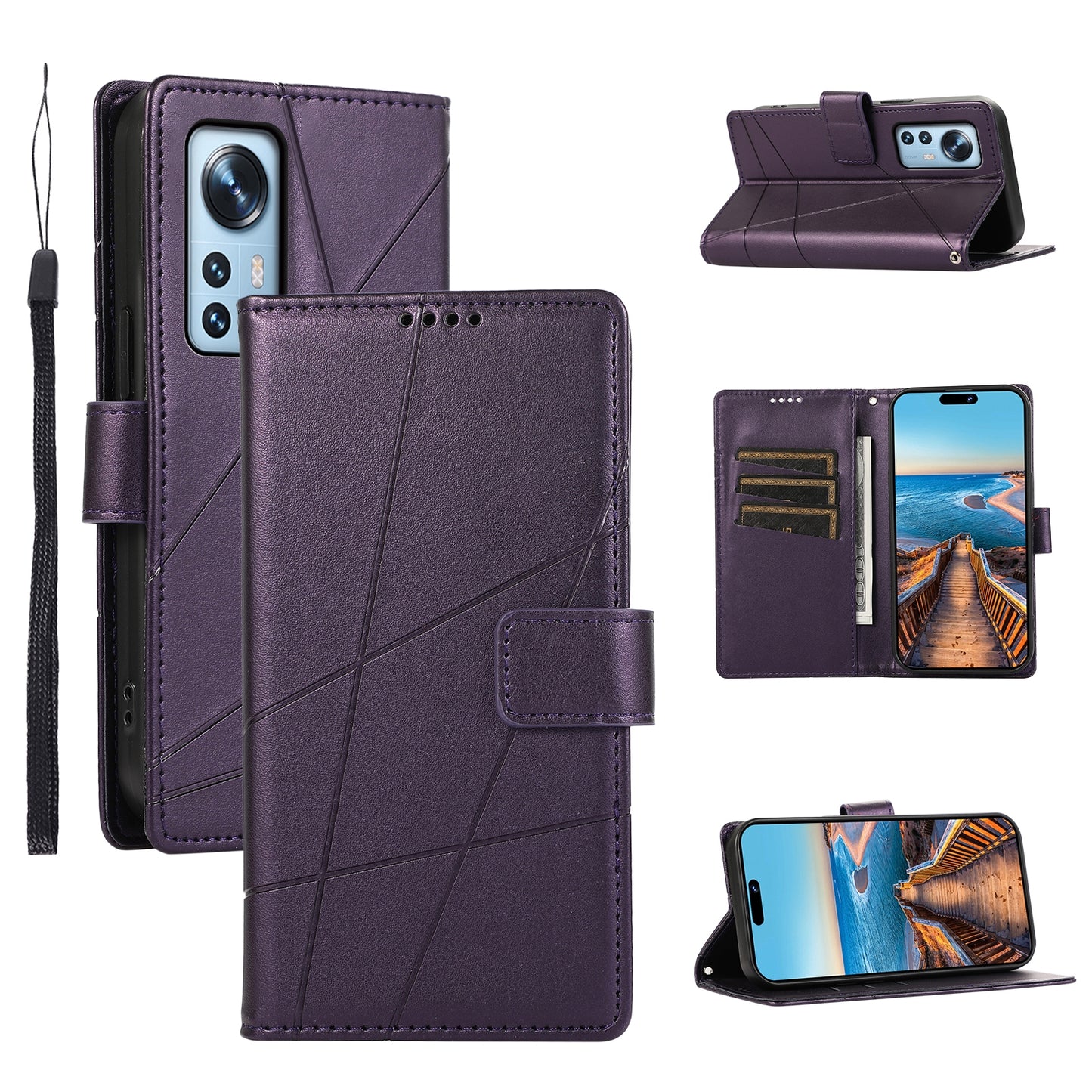 Xiaomi 12 PU Genuine Leather Texture Embossed Line Phone Case with Card Wallet, Kickstand & Wrist Strap