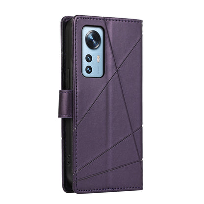 Xiaomi 12 PU Genuine Leather Texture Embossed Line Phone Case with Card Wallet, Kickstand & Wrist Strap
