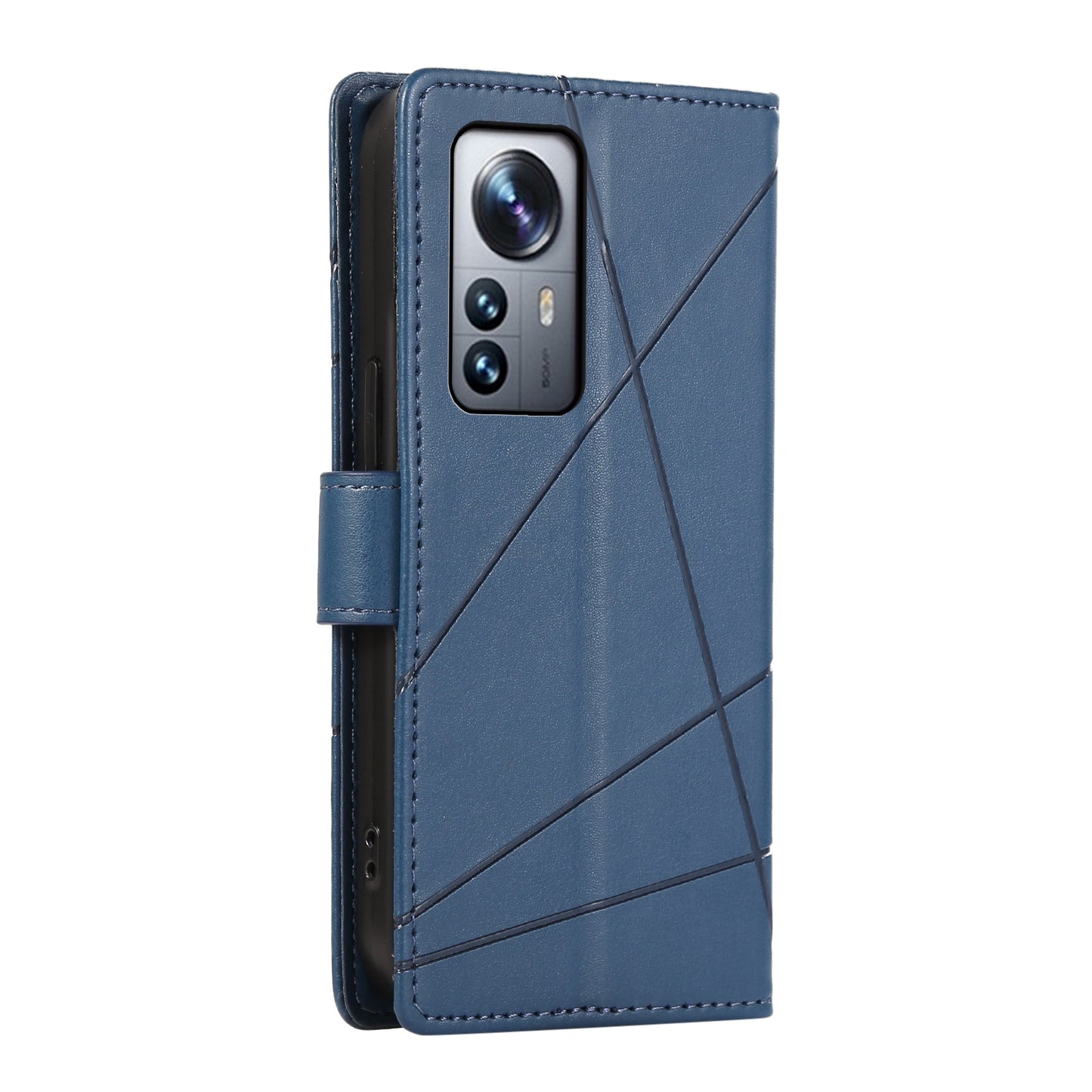 Xiaomi 12 Pro PU Genuine Leather Texture Embossed Line Phone Case with Card Wallet, Kickstand & Wrist Strap