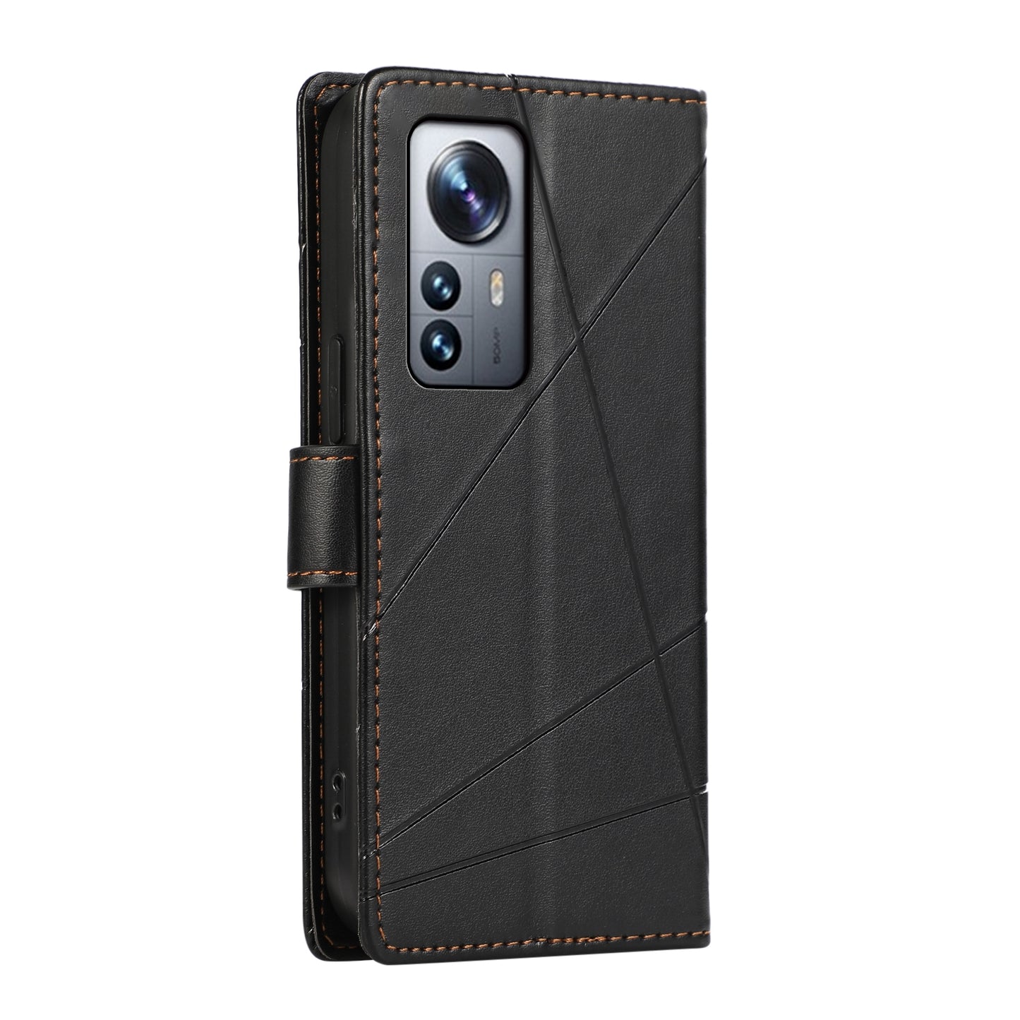 Xiaomi 12 Pro PU Genuine Leather Texture Embossed Line Phone Case with Card Wallet, Kickstand & Wrist Strap