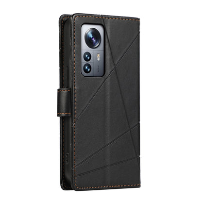 Xiaomi 12 Pro PU Genuine Leather Texture Embossed Line Phone Case with Card Wallet, Kickstand & Wrist Strap