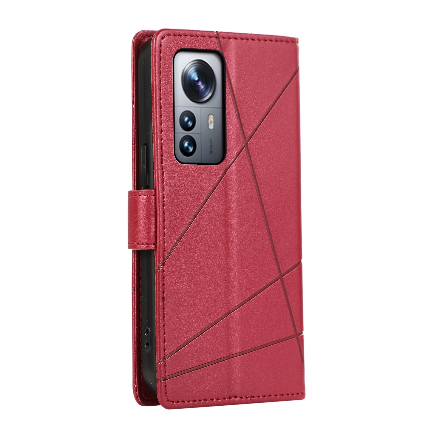 Xiaomi 12 Pro PU Genuine Leather Texture Embossed Line Phone Case with Card Wallet, Kickstand & Wrist Strap