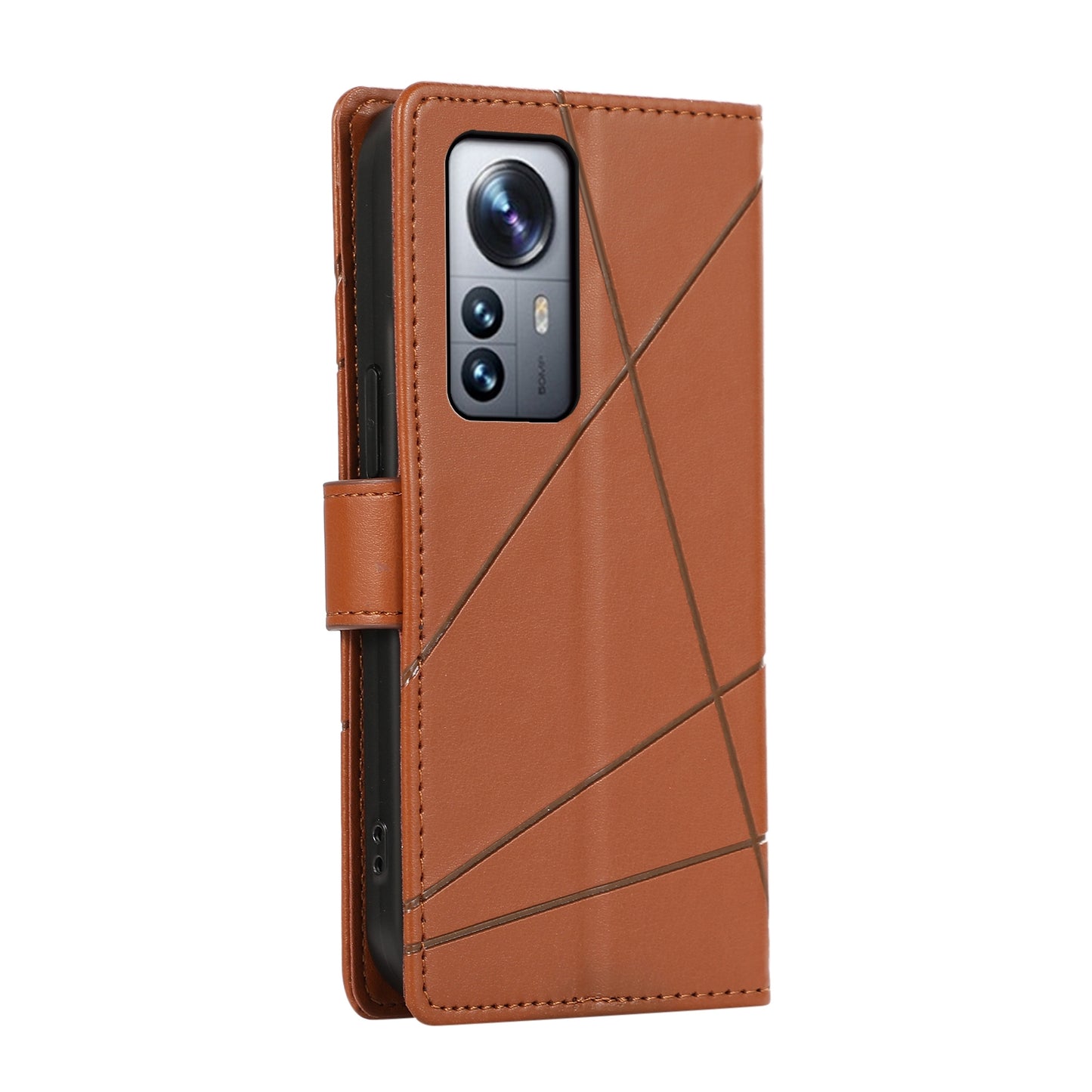 Xiaomi 12 Pro PU Genuine Leather Texture Embossed Line Phone Case with Card Wallet, Kickstand & Wrist Strap