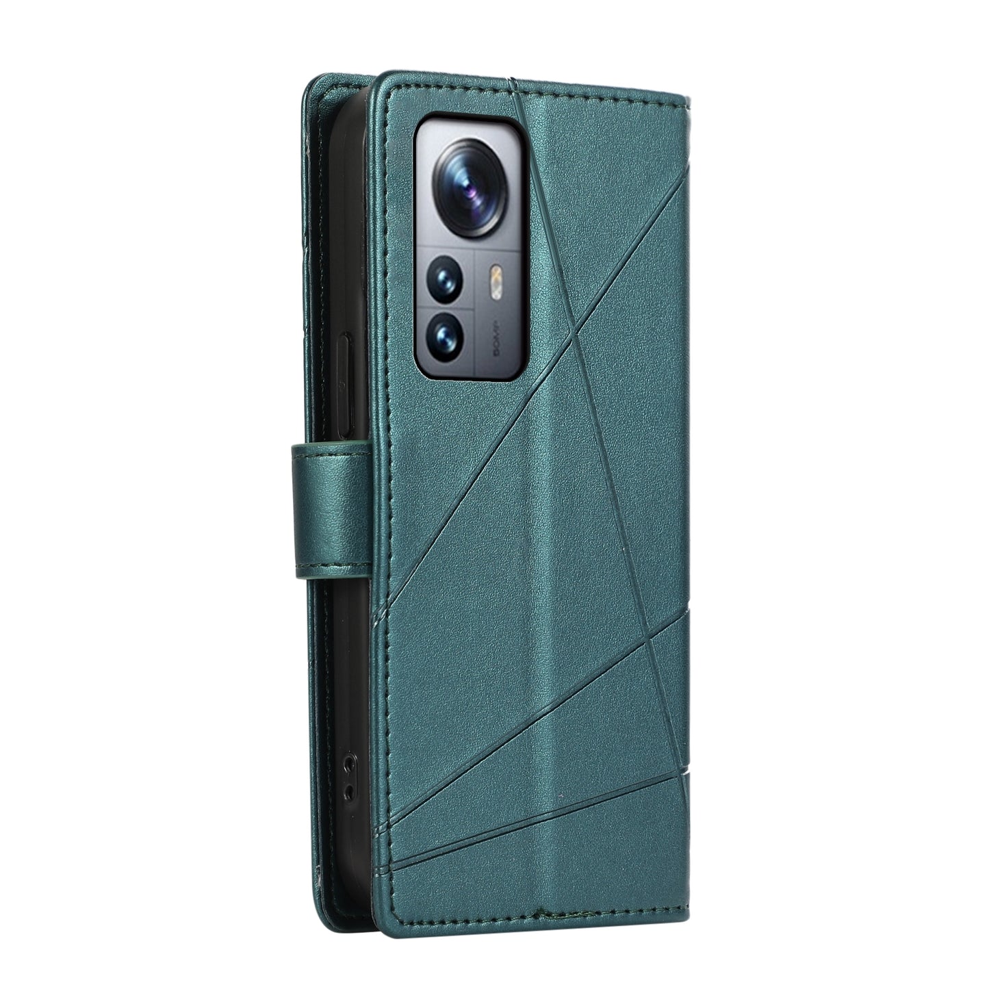 Xiaomi 12 Pro PU Genuine Leather Texture Embossed Line Phone Case with Card Wallet, Kickstand & Wrist Strap