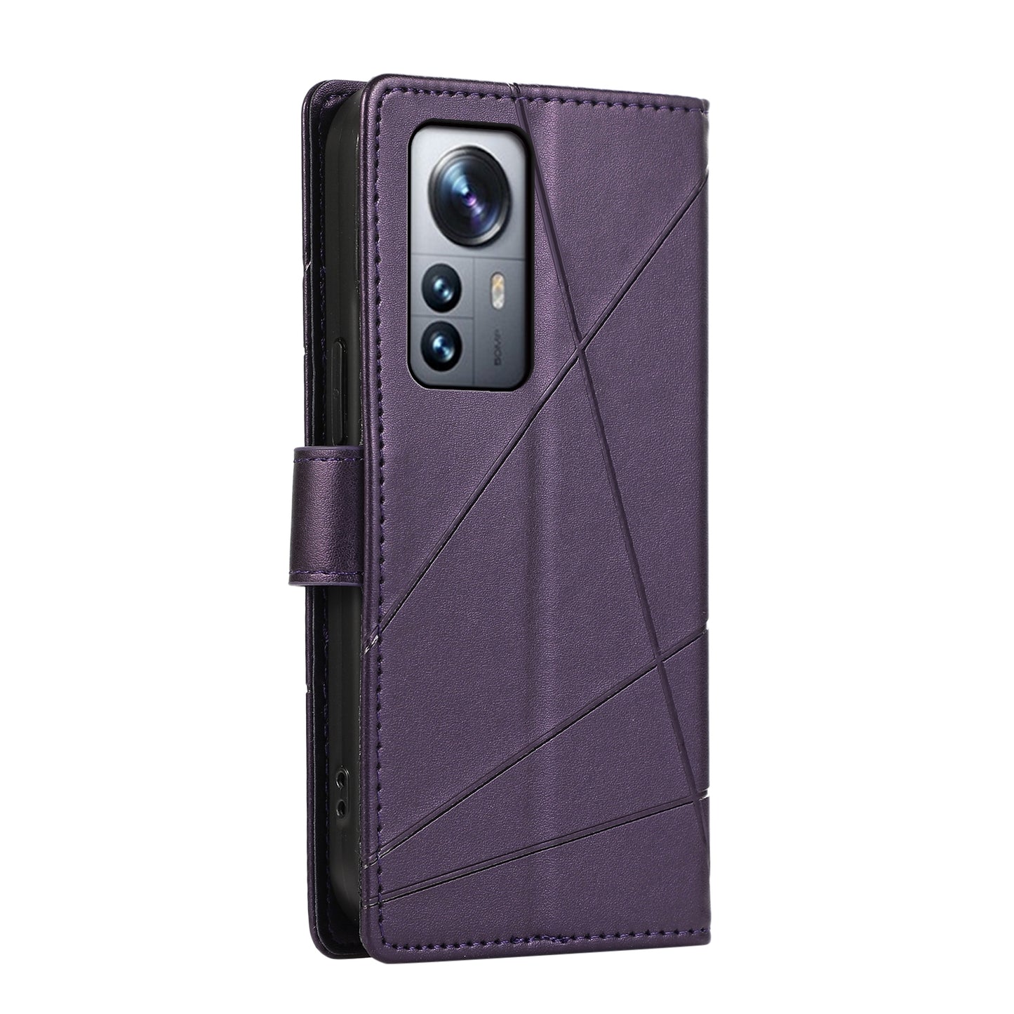 Xiaomi 12 Pro PU Genuine Leather Texture Embossed Line Phone Case with Card Wallet, Kickstand & Wrist Strap