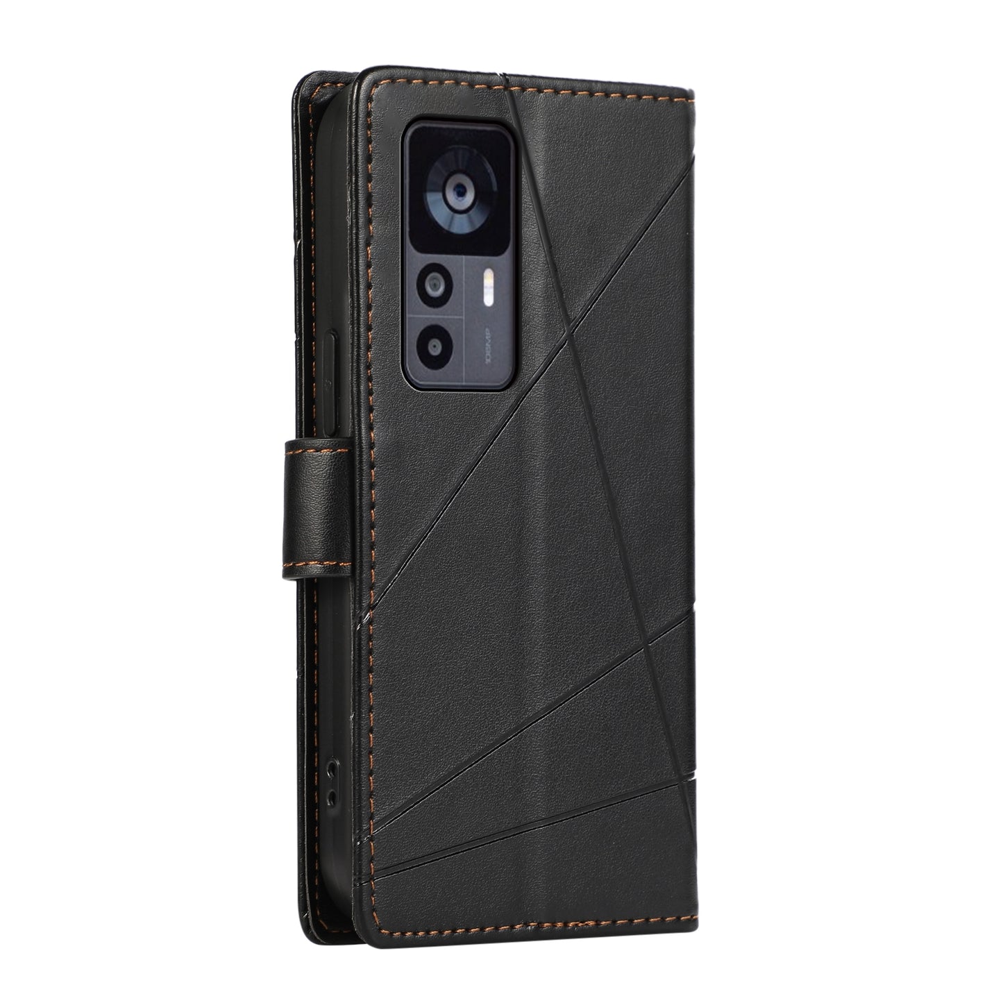 Xiaomi 12T PU Genuine Leather Texture Embossed Line Phone Case with Card Wallet, Kickstand & Wrist Strap