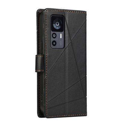 Xiaomi 12T PU Genuine Leather Texture Embossed Line Phone Case with Card Wallet, Kickstand & Wrist Strap