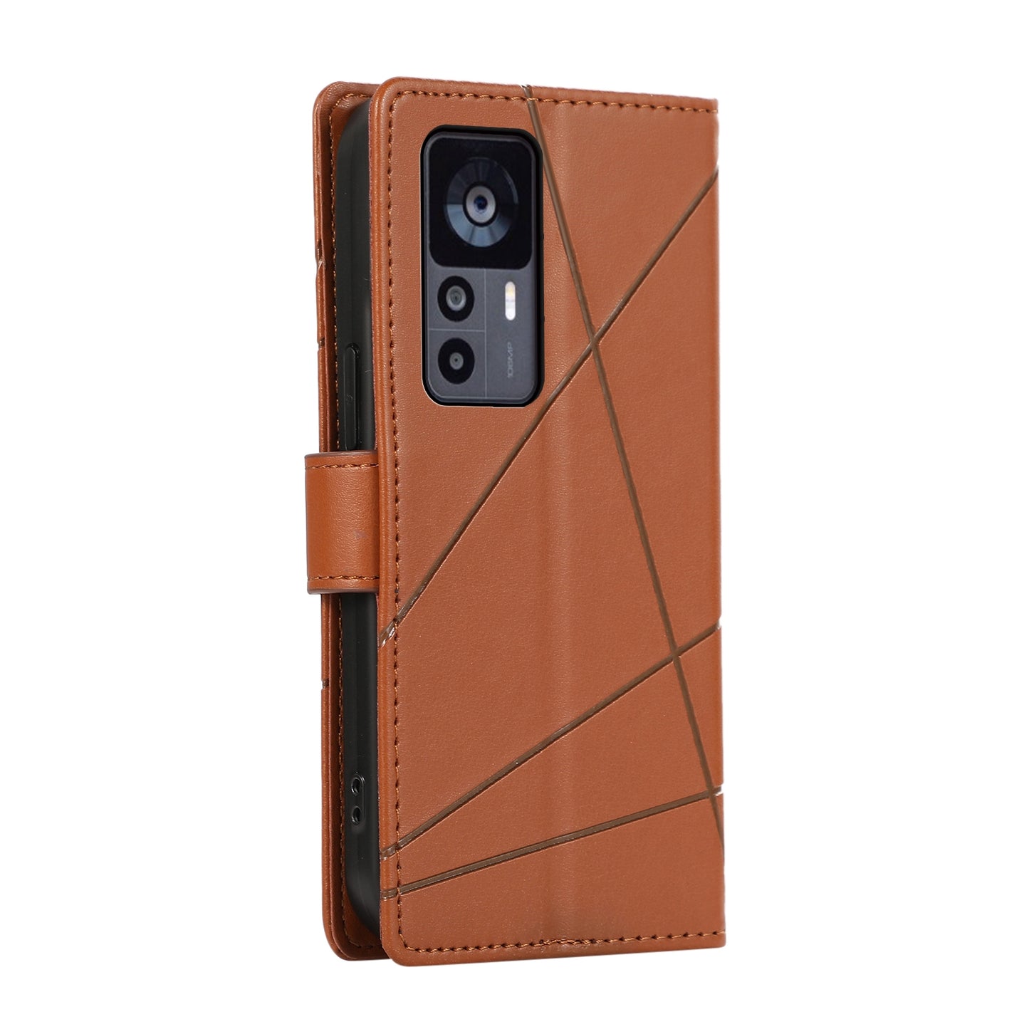 Xiaomi 12T PU Genuine Leather Texture Embossed Line Phone Case with Card Wallet, Kickstand & Wrist Strap