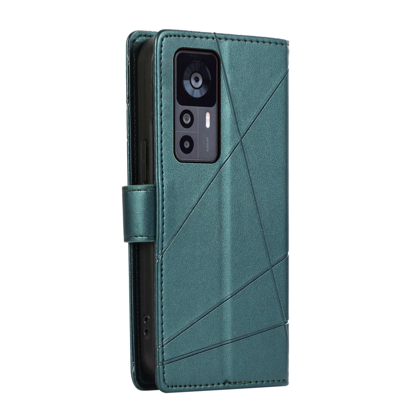 Xiaomi 12T PU Genuine Leather Texture Embossed Line Phone Case with Card Wallet, Kickstand & Wrist Strap