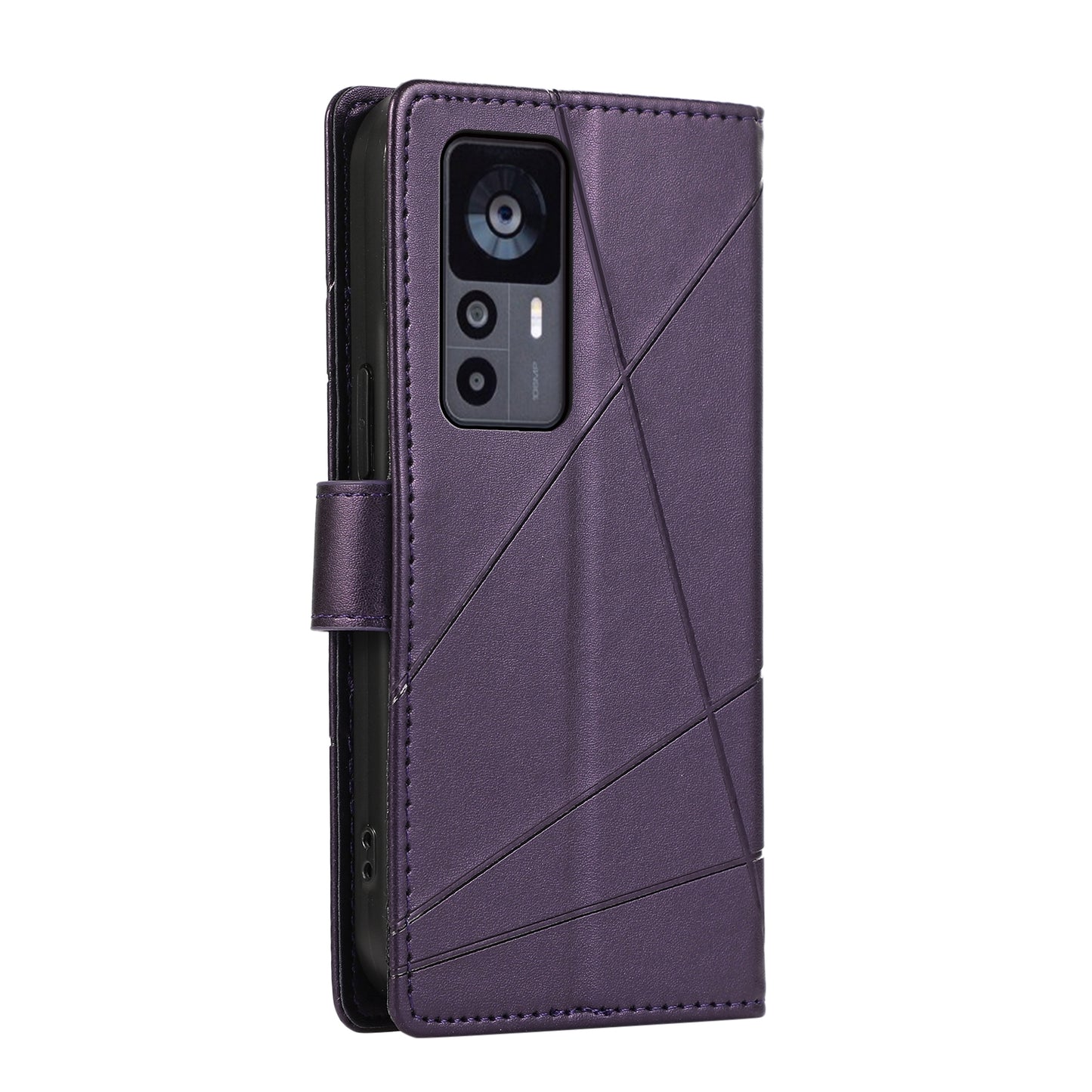 Xiaomi 12T PU Genuine Leather Texture Embossed Line Phone Case with Card Wallet, Kickstand & Wrist Strap