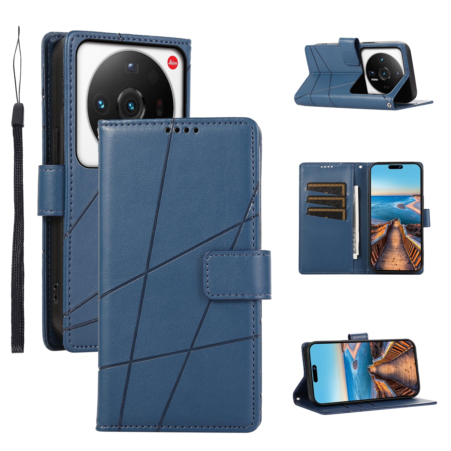 Xiaomi 12 Ultra PU Genuine Leather Texture Embossed Line Phone Case with Card Wallet, Kickstand & Wrist Strap