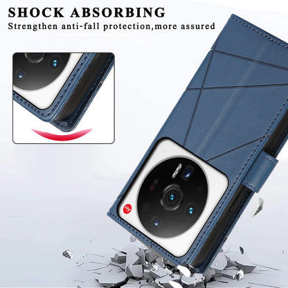 Xiaomi 12 Ultra PU Genuine Leather Texture Embossed Line Phone Case with Card Wallet, Kickstand & Wrist Strap