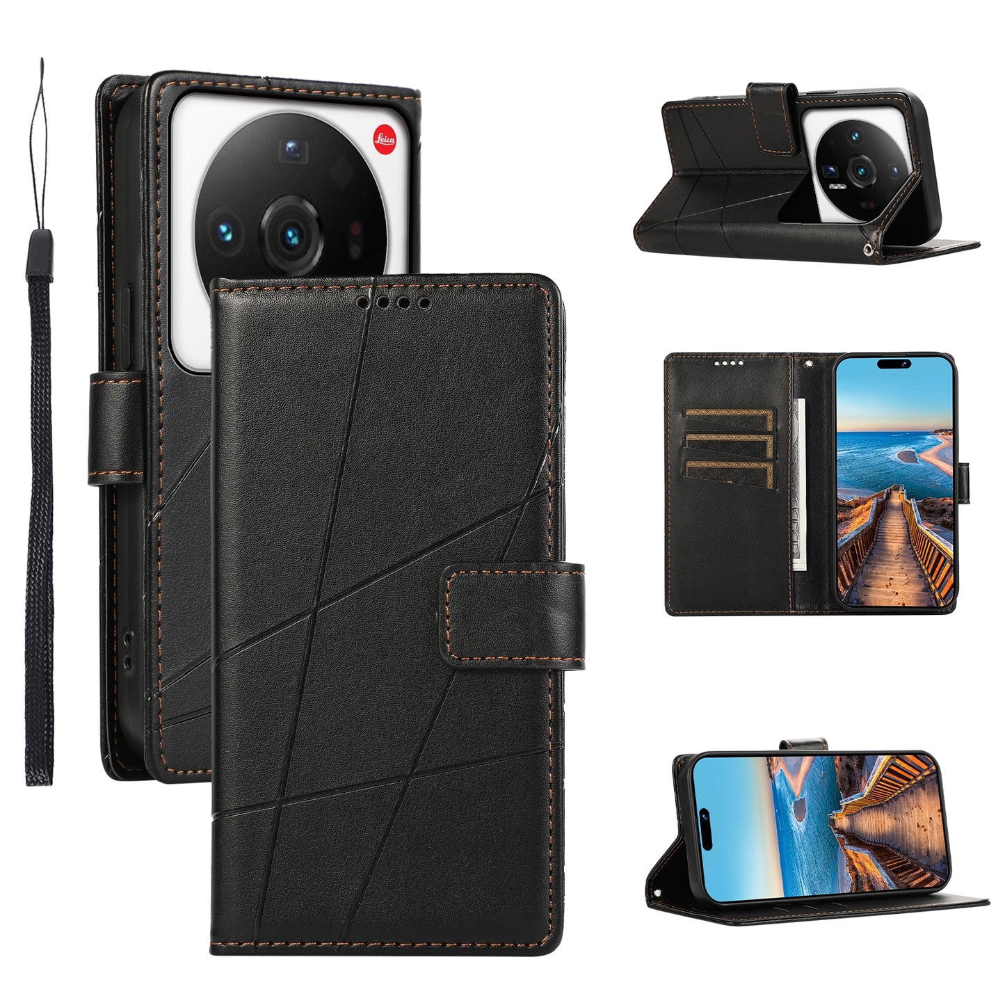 Xiaomi 12 Ultra PU Genuine Leather Texture Embossed Line Phone Case with Card Wallet, Kickstand & Wrist Strap
