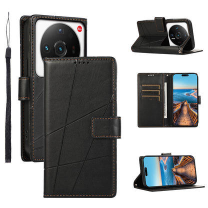 Xiaomi 12 Ultra PU Genuine Leather Texture Embossed Line Phone Case with Card Wallet, Kickstand & Wrist Strap