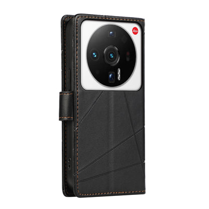 Xiaomi 12 Ultra PU Genuine Leather Texture Embossed Line Phone Case with Card Wallet, Kickstand & Wrist Strap