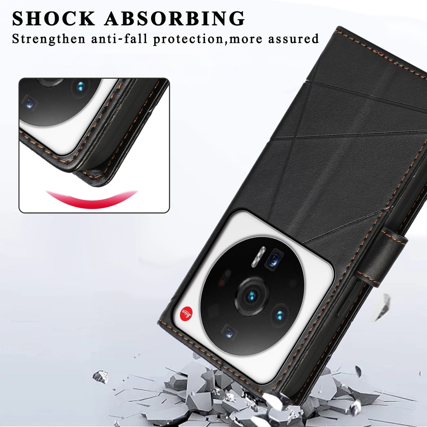 Xiaomi 12 Ultra PU Genuine Leather Texture Embossed Line Phone Case with Card Wallet, Kickstand & Wrist Strap