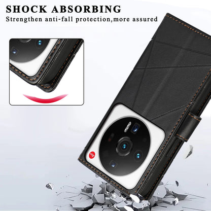 Xiaomi 12 Ultra PU Genuine Leather Texture Embossed Line Phone Case with Card Wallet, Kickstand & Wrist Strap
