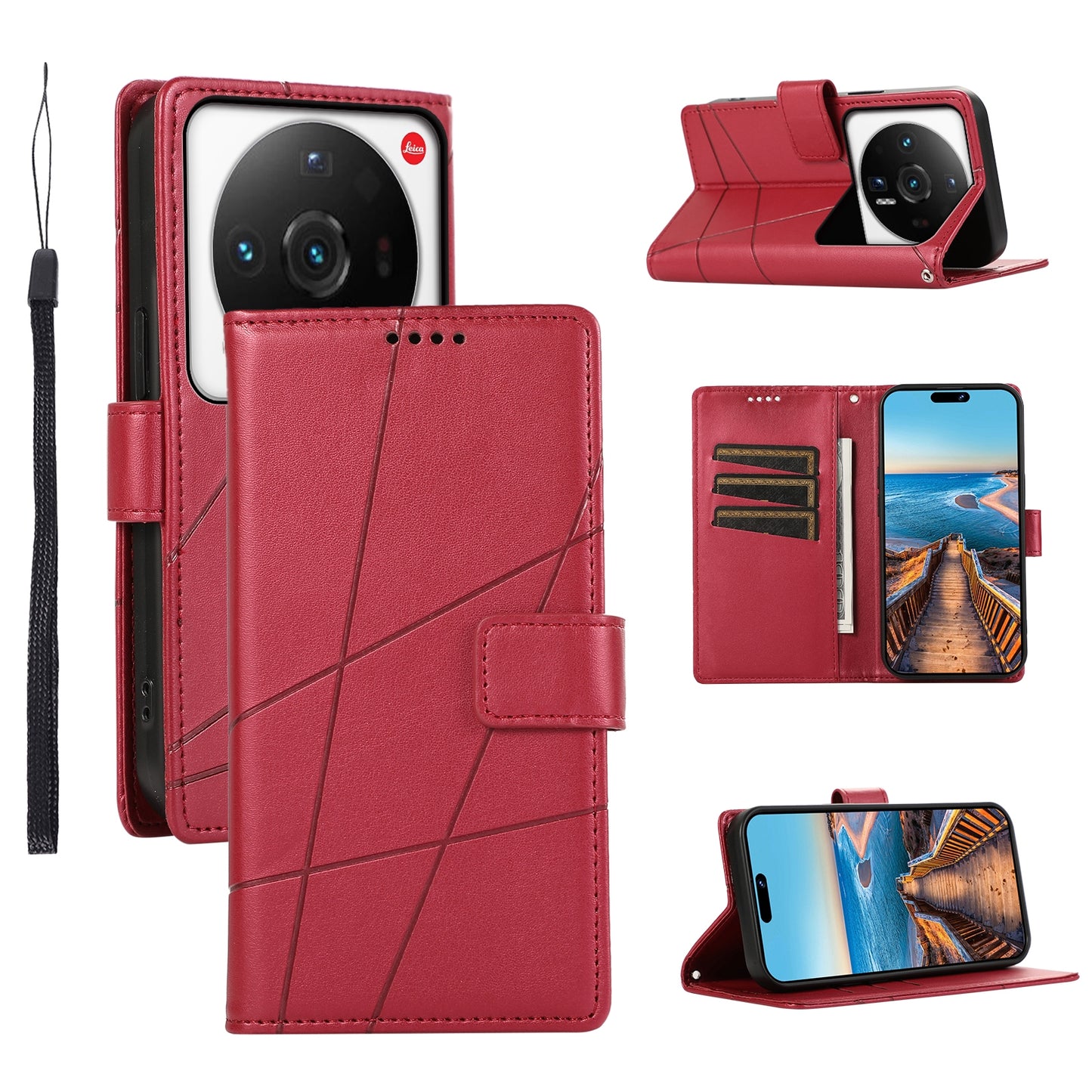 Xiaomi 12 Ultra PU Genuine Leather Texture Embossed Line Phone Case with Card Wallet, Kickstand & Wrist Strap