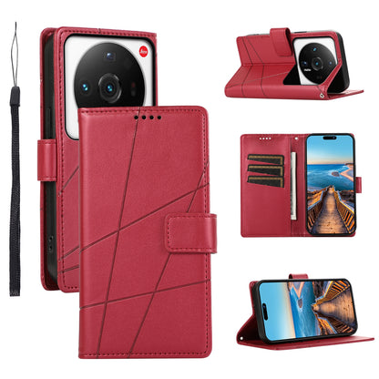 Xiaomi 12 Ultra PU Genuine Leather Texture Embossed Line Phone Case with Card Wallet, Kickstand & Wrist Strap