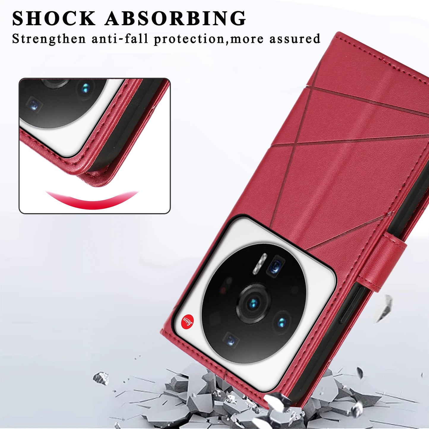 Xiaomi 12 Ultra PU Genuine Leather Texture Embossed Line Phone Case with Card Wallet, Kickstand & Wrist Strap