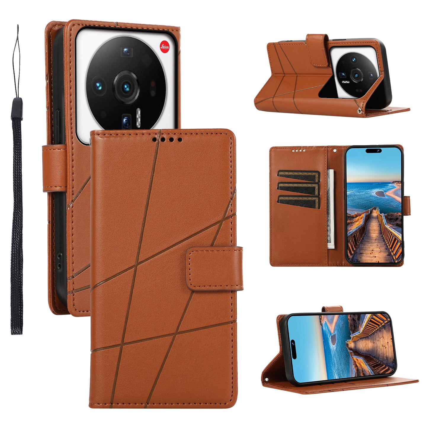 Xiaomi 12 Ultra PU Genuine Leather Texture Embossed Line Phone Case with Card Wallet, Kickstand & Wrist Strap