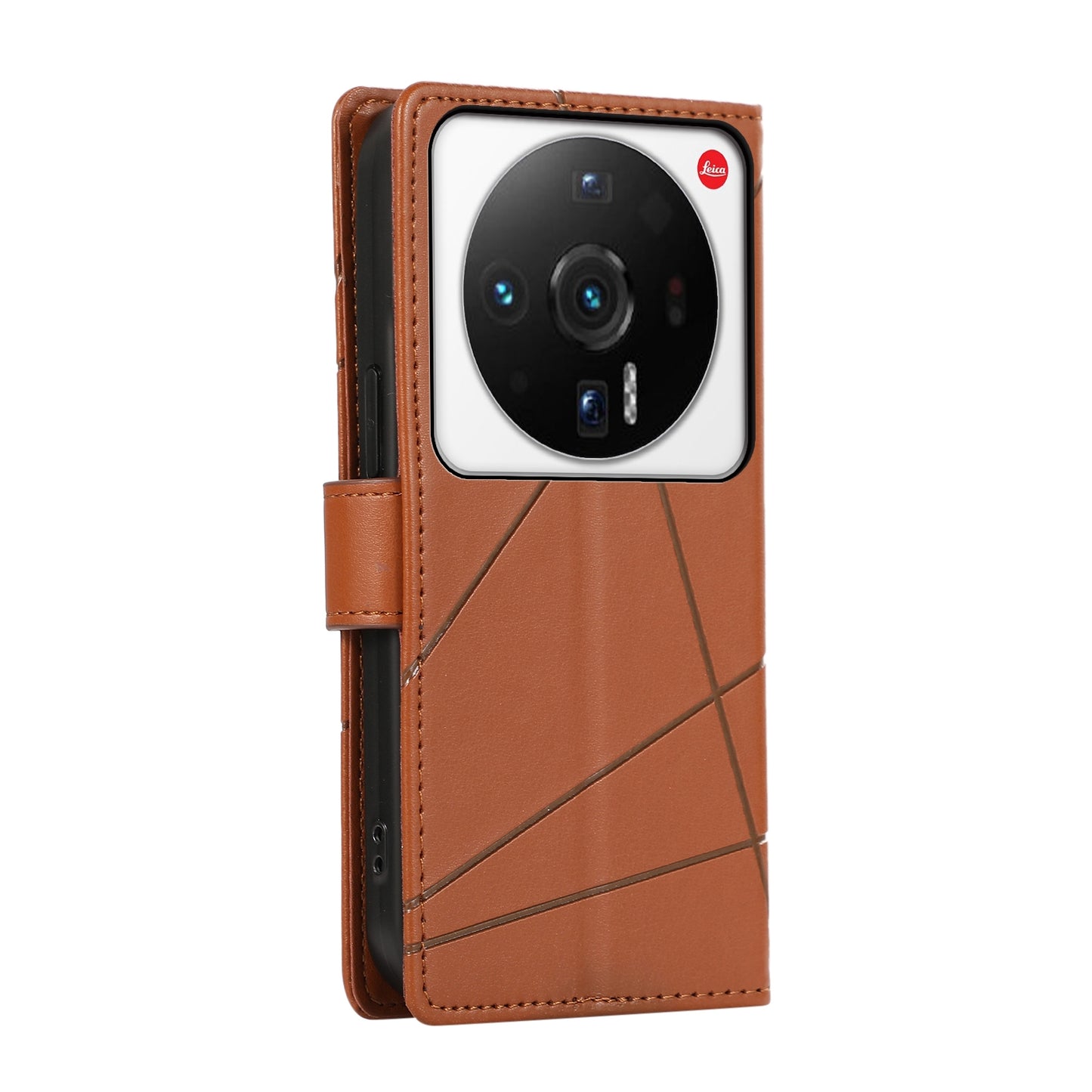 Xiaomi 12 Ultra PU Genuine Leather Texture Embossed Line Phone Case with Card Wallet, Kickstand & Wrist Strap