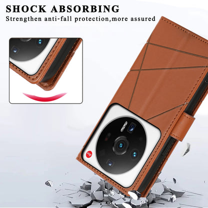 Xiaomi 12 Ultra PU Genuine Leather Texture Embossed Line Phone Case with Card Wallet, Kickstand & Wrist Strap