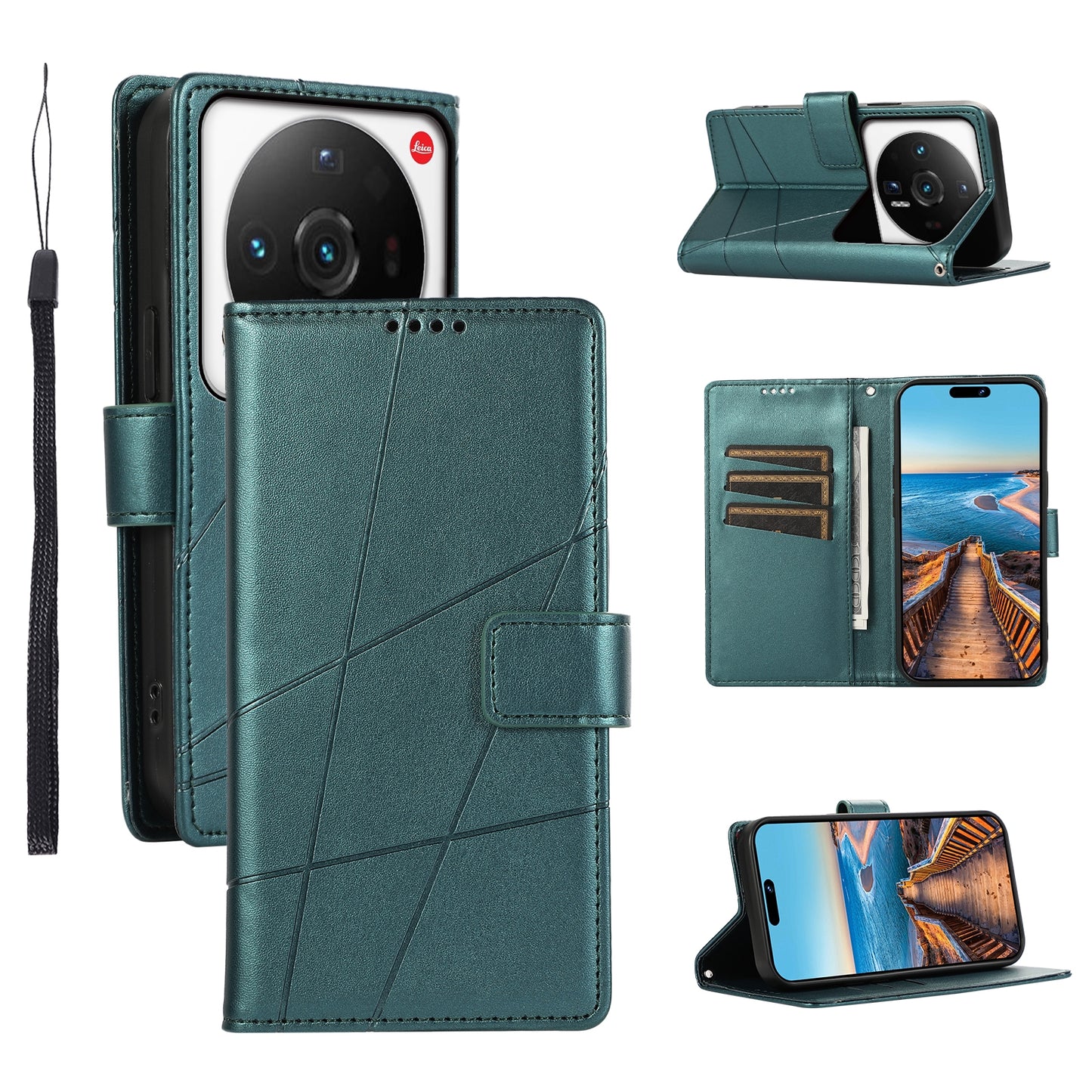 Xiaomi 12 Ultra PU Genuine Leather Texture Embossed Line Phone Case with Card Wallet, Kickstand & Wrist Strap