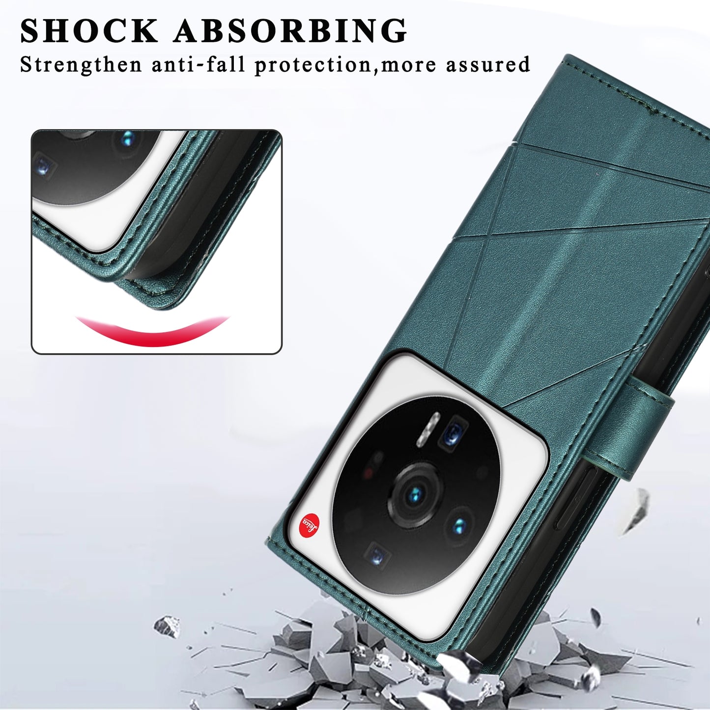Xiaomi 12 Ultra PU Genuine Leather Texture Embossed Line Phone Case with Card Wallet, Kickstand & Wrist Strap