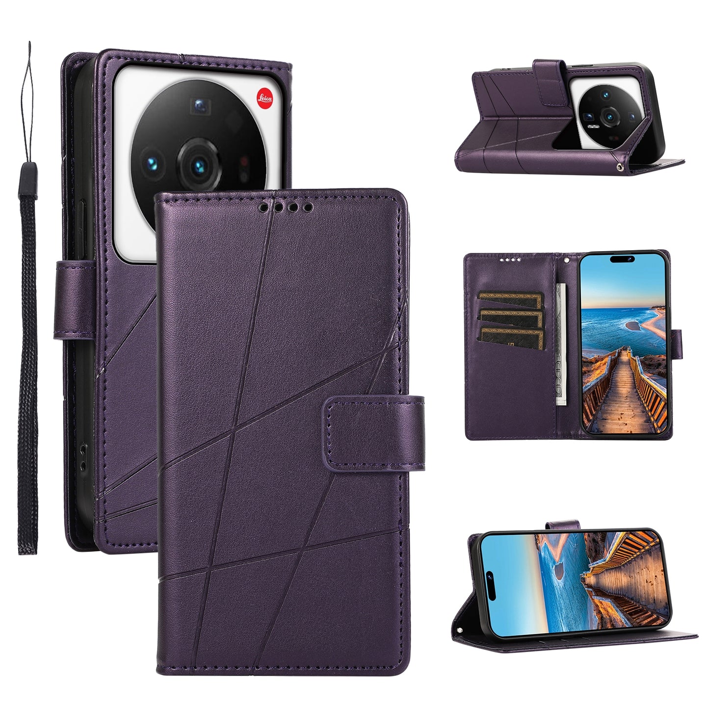 Xiaomi 12 Ultra PU Genuine Leather Texture Embossed Line Phone Case with Card Wallet, Kickstand & Wrist Strap