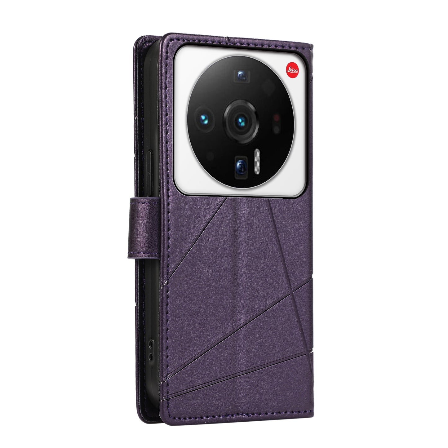 Xiaomi 12 Ultra PU Genuine Leather Texture Embossed Line Phone Case with Card Wallet, Kickstand & Wrist Strap