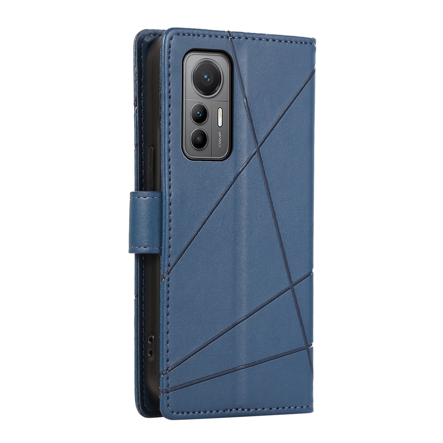 Xiaomi 12 Lite PU Genuine Leather Texture Embossed Line Phone Case with Card Wallet, Kickstand & Wrist Strap