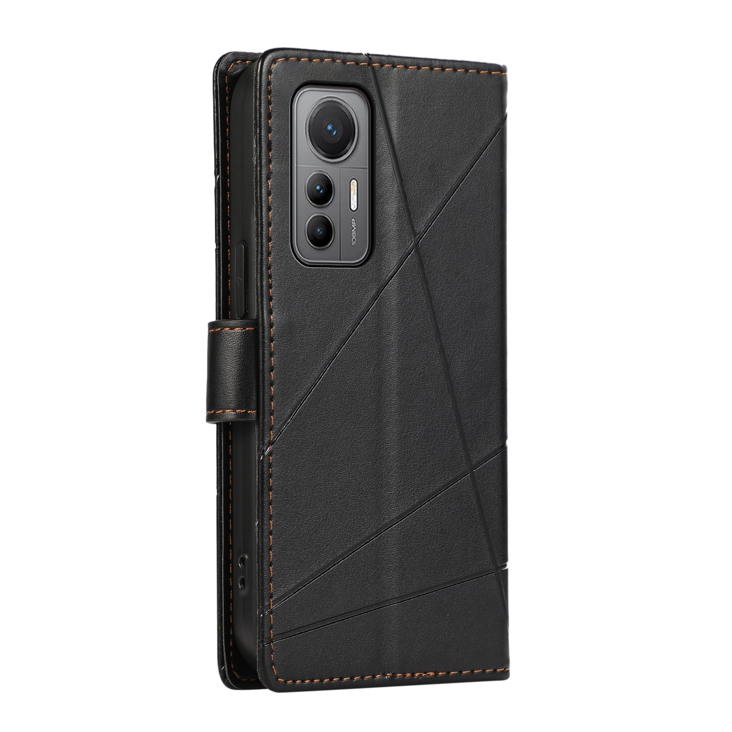 Xiaomi 12 Lite PU Genuine Leather Texture Embossed Line Phone Case with Card Wallet, Kickstand & Wrist Strap