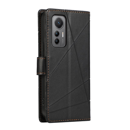 Xiaomi 12 Lite PU Genuine Leather Texture Embossed Line Phone Case with Card Wallet, Kickstand & Wrist Strap
