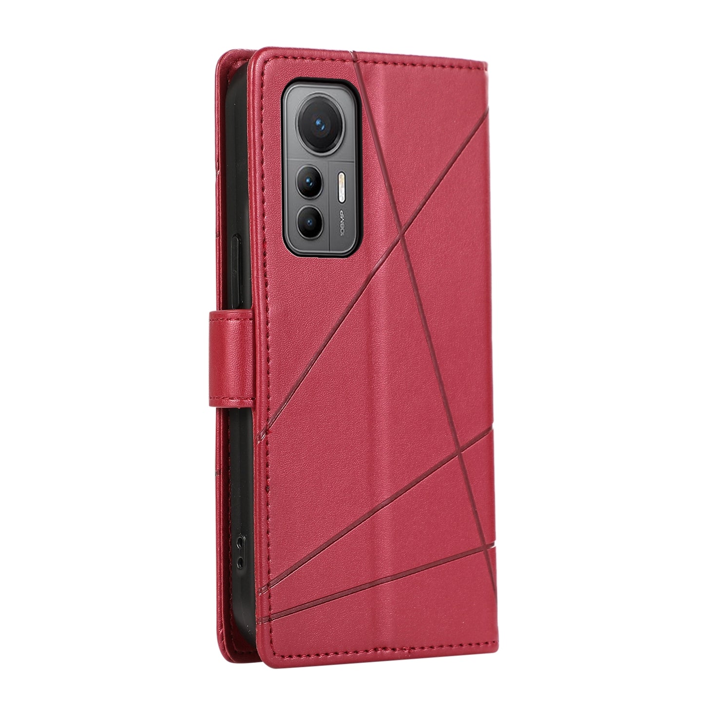 Xiaomi 12 Lite PU Genuine Leather Texture Embossed Line Phone Case with Card Wallet, Kickstand & Wrist Strap