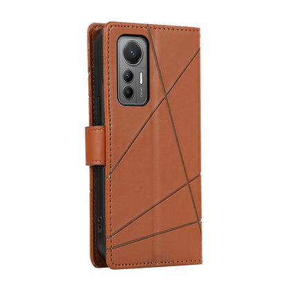 Xiaomi 12 Lite PU Genuine Leather Texture Embossed Line Phone Case with Card Wallet, Kickstand & Wrist Strap