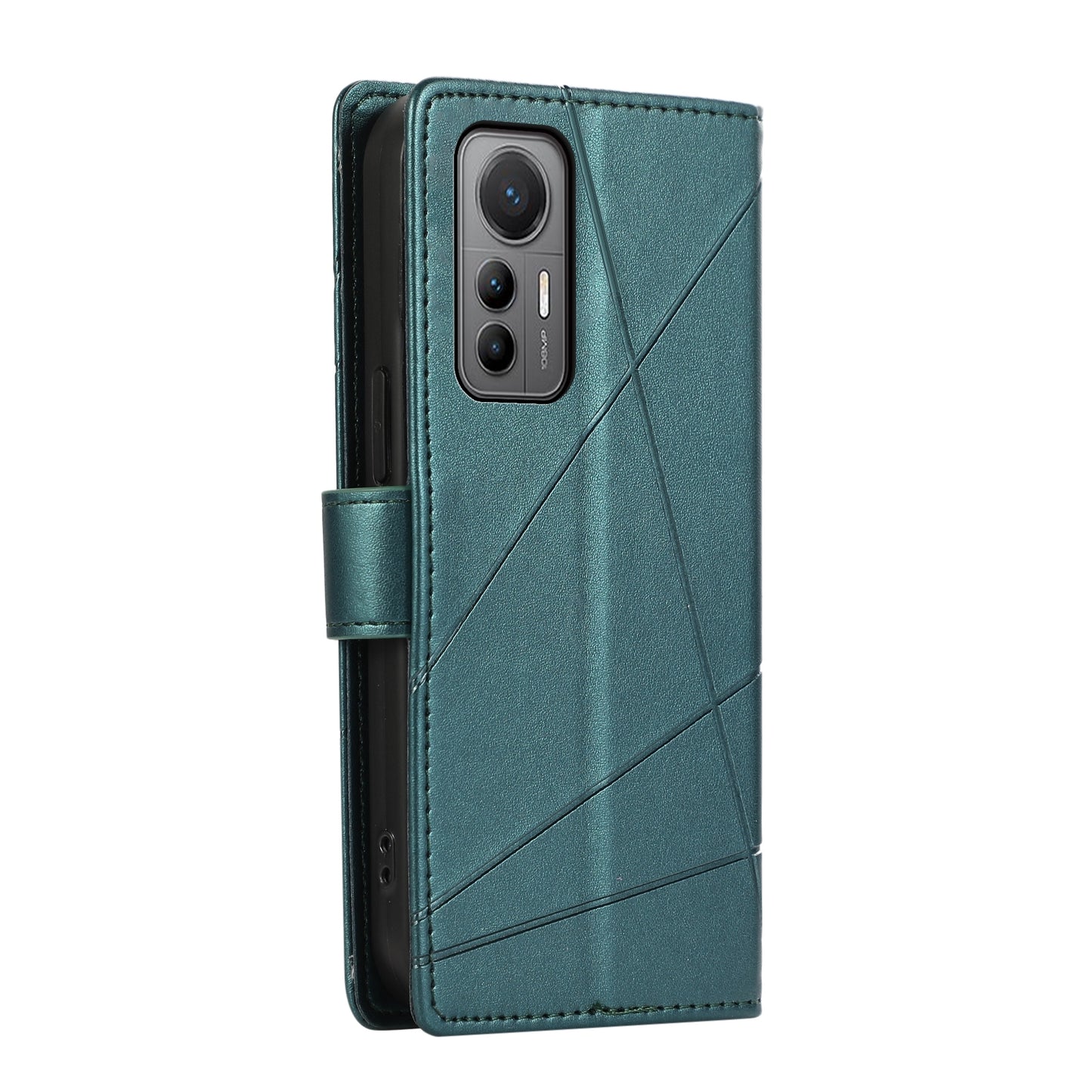 Xiaomi 12 Lite PU Genuine Leather Texture Embossed Line Phone Case with Card Wallet, Kickstand & Wrist Strap