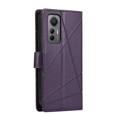 Xiaomi 12 Lite PU Genuine Leather Texture Embossed Line Phone Case with Card Wallet, Kickstand & Wrist Strap