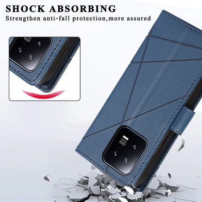 Xiaomi 13 PU Genuine Leather Texture Embossed Line Phone Case with Card Wallet, Kickstand & Wrist Strap