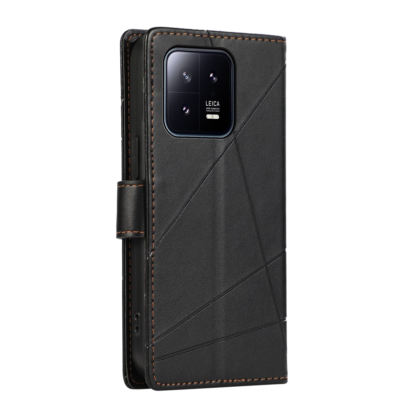 Xiaomi 13 PU Genuine Leather Texture Embossed Line Phone Case with Card Wallet, Kickstand & Wrist Strap