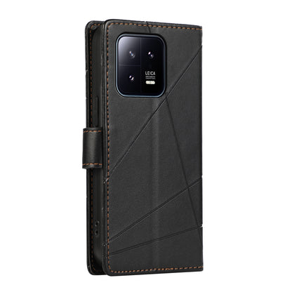 Xiaomi 13 PU Genuine Leather Texture Embossed Line Phone Case with Card Wallet, Kickstand & Wrist Strap