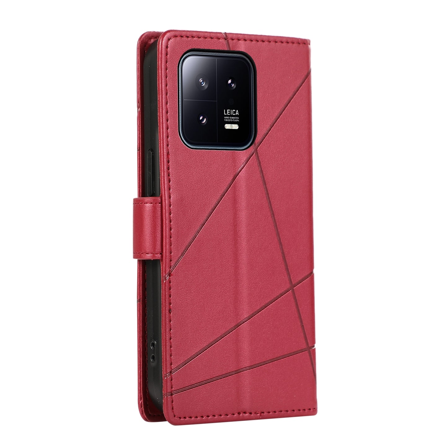 Xiaomi 13 PU Genuine Leather Texture Embossed Line Phone Case with Card Wallet, Kickstand & Wrist Strap
