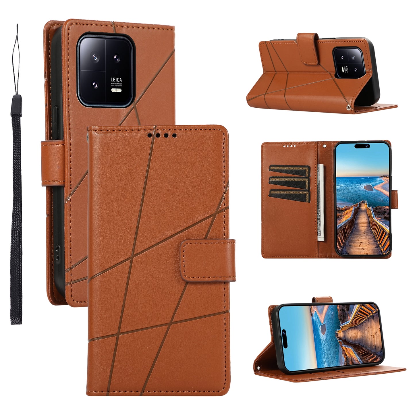 Xiaomi 13 PU Genuine Leather Texture Embossed Line Phone Case with Card Wallet, Kickstand & Wrist Strap