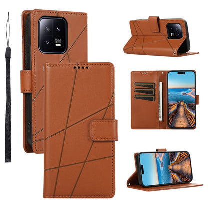 Xiaomi 13 PU Genuine Leather Texture Embossed Line Phone Case with Card Wallet, Kickstand & Wrist Strap