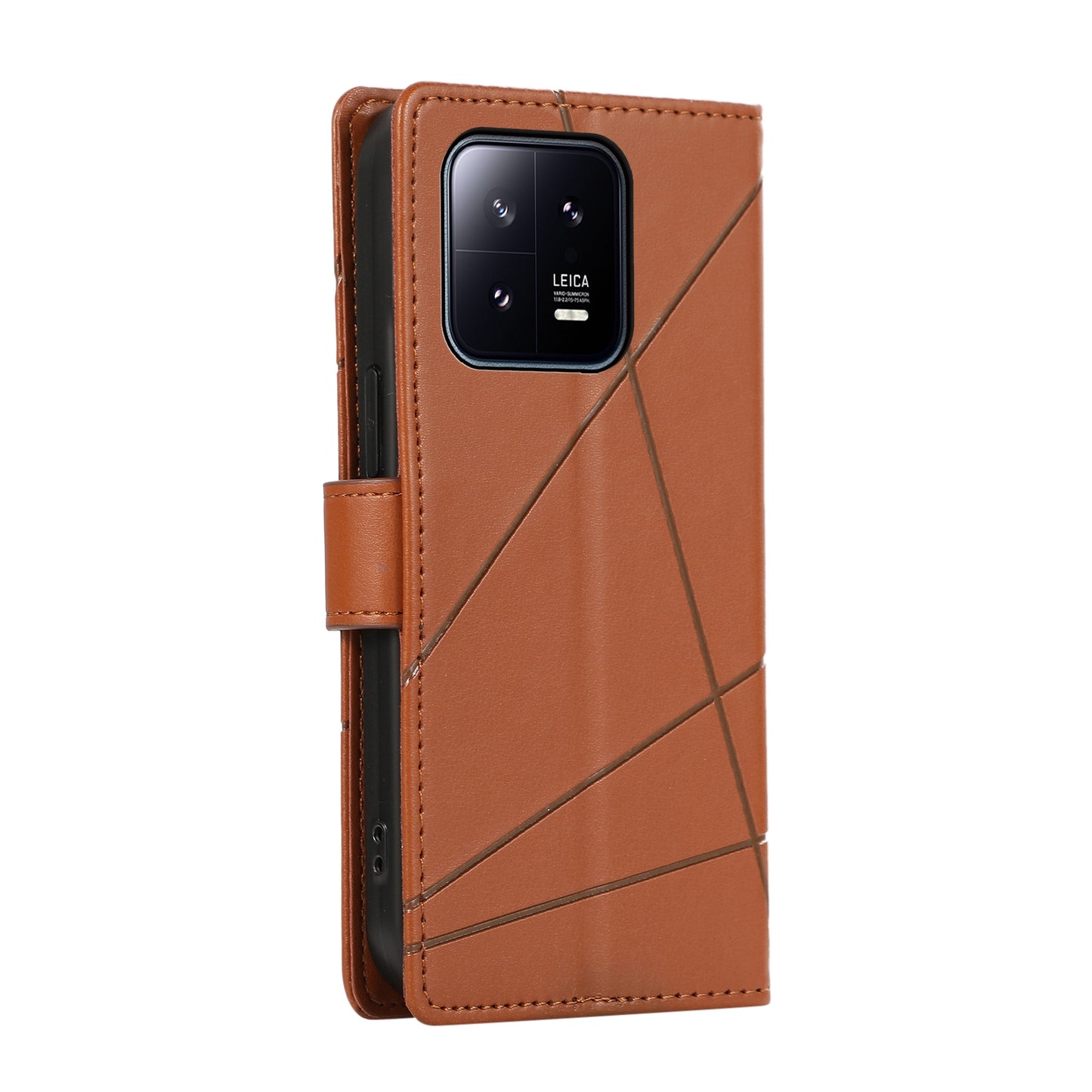 Xiaomi 13 PU Genuine Leather Texture Embossed Line Phone Case with Card Wallet, Kickstand & Wrist Strap