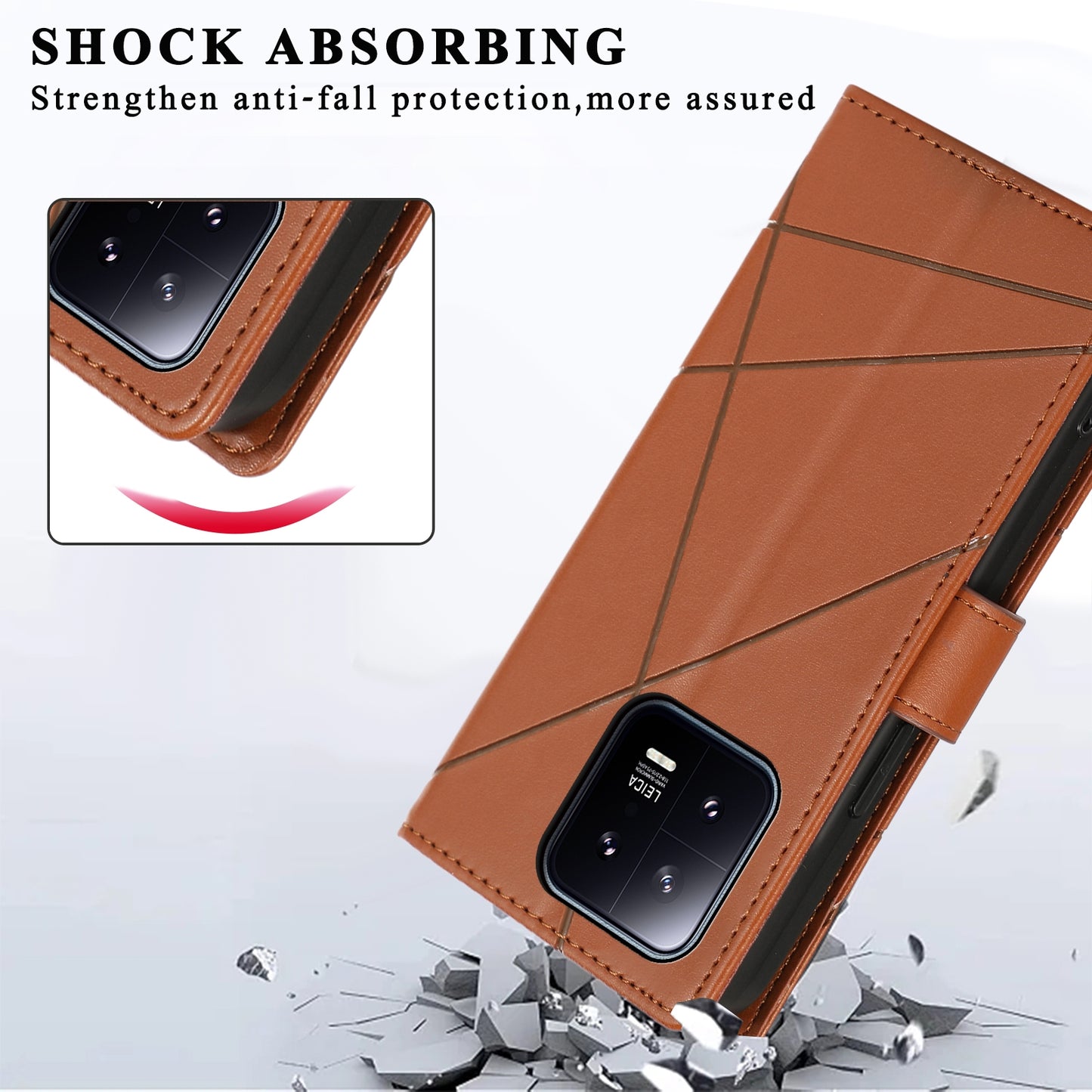 Xiaomi 13 PU Genuine Leather Texture Embossed Line Phone Case with Card Wallet, Kickstand & Wrist Strap